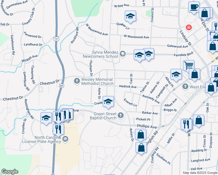 map of restaurants, bars, coffee shops, grocery stores, and more near 505 Rotary Drive in High Point