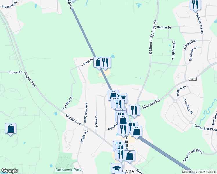 map of restaurants, bars, coffee shops, grocery stores, and more near South Miami Boulevard in Durham