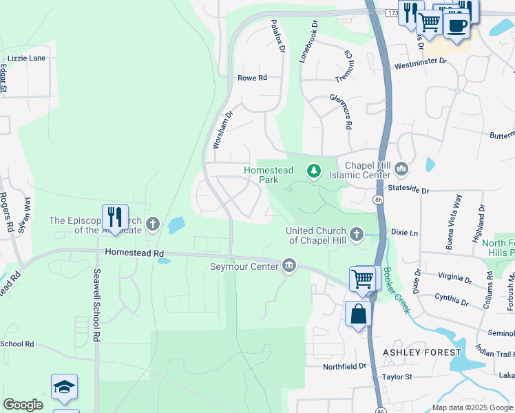 map of restaurants, bars, coffee shops, grocery stores, and more near 114 Vintage Drive in Chapel Hill