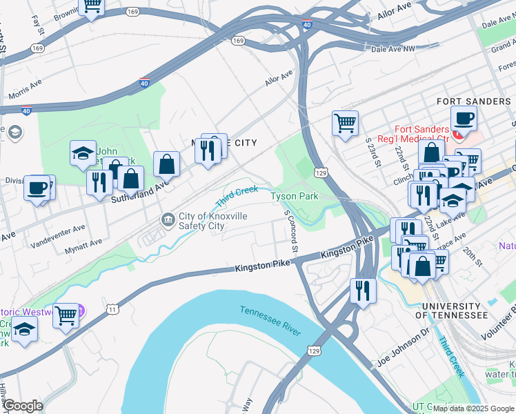 map of restaurants, bars, coffee shops, grocery stores, and more near 2718 Painter Avenue Southwest in Knoxville