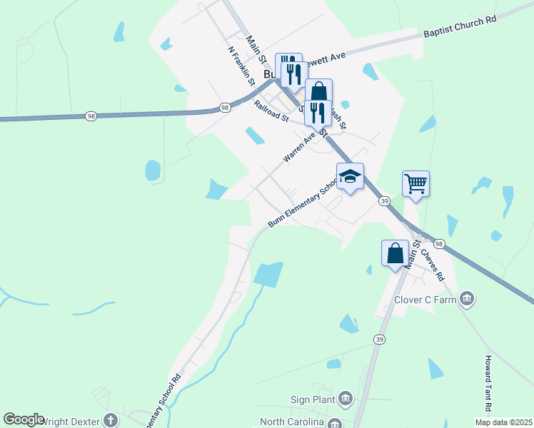 map of restaurants, bars, coffee shops, grocery stores, and more near 160 Bunn Elementary School Road in Bunn