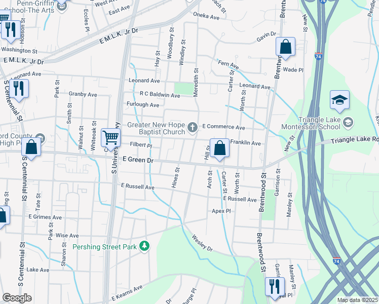 map of restaurants, bars, coffee shops, grocery stores, and more near 1012 Meredith Street in High Point