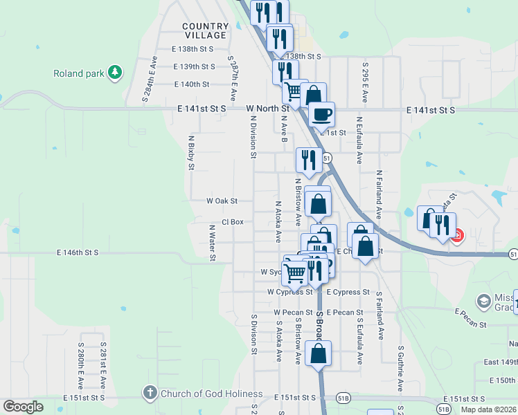 map of restaurants, bars, coffee shops, grocery stores, and more near 411 West Pine Street in Coweta