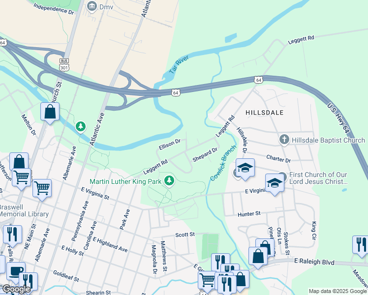 map of restaurants, bars, coffee shops, grocery stores, and more near 833 Leggett Road in Rocky Mount