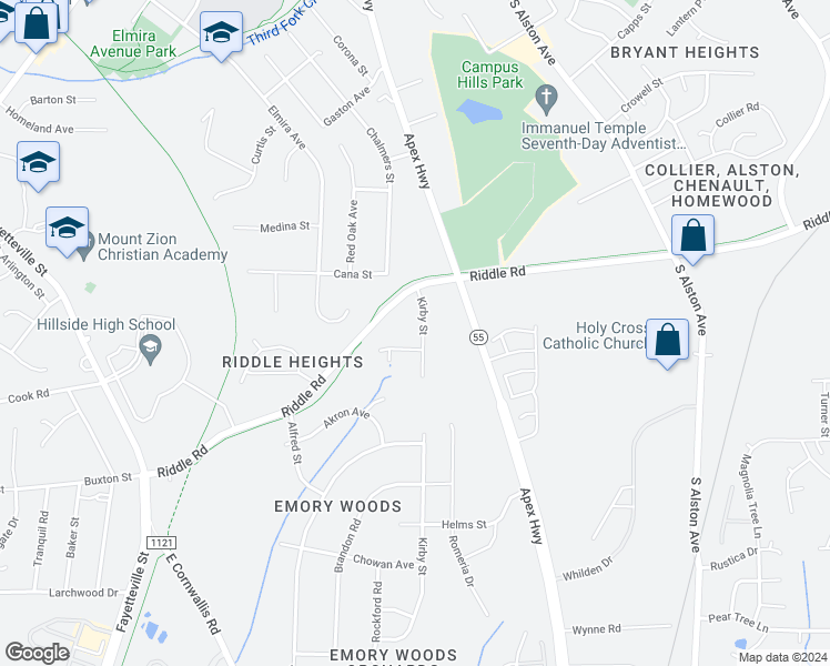 map of restaurants, bars, coffee shops, grocery stores, and more near 2518 Kirby Street in Durham