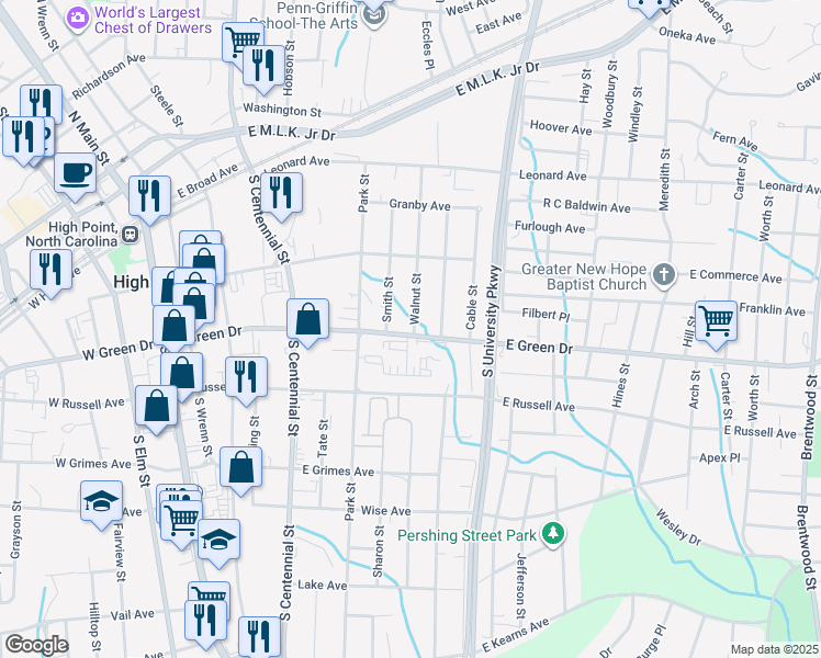 map of restaurants, bars, coffee shops, grocery stores, and more near 809 East Green Drive in High Point