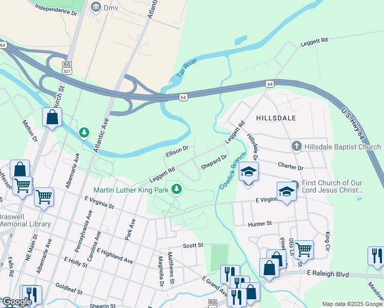 map of restaurants, bars, coffee shops, grocery stores, and more near 833 Leggett Road in Rocky Mount