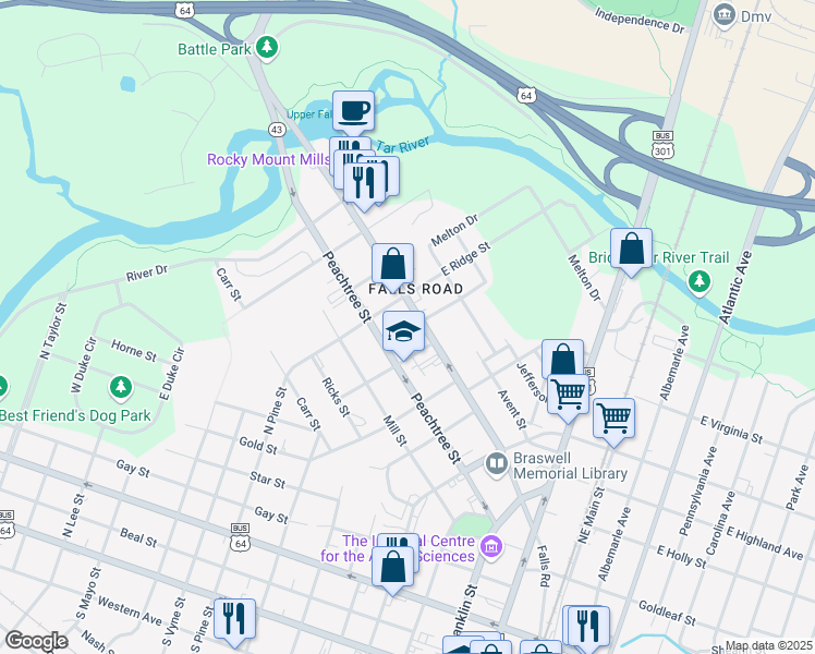 map of restaurants, bars, coffee shops, grocery stores, and more near 811 Peachtree Street in Rocky Mount