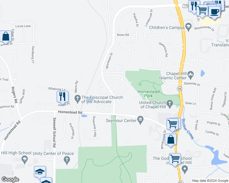 map of restaurants, bars, coffee shops, grocery stores, and more near 106 Cabernet Drive in Chapel Hill