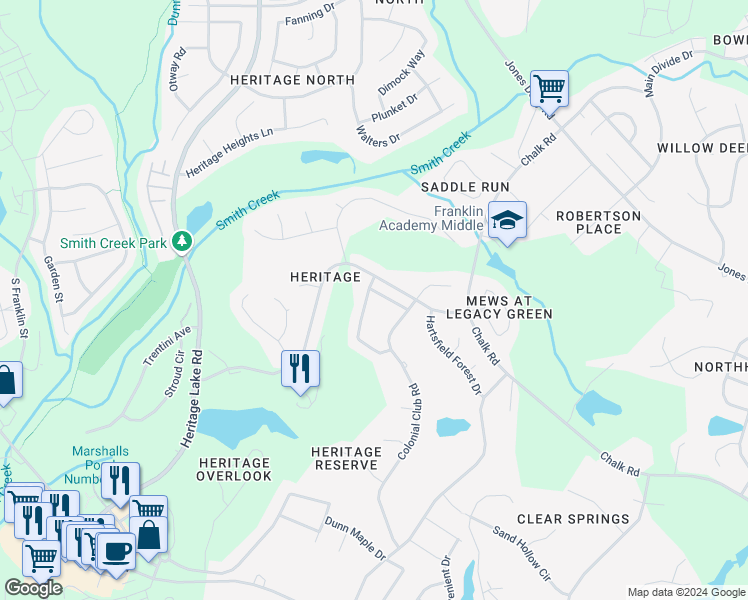 map of restaurants, bars, coffee shops, grocery stores, and more near 1205 FairView Club Drive in Wake Forest