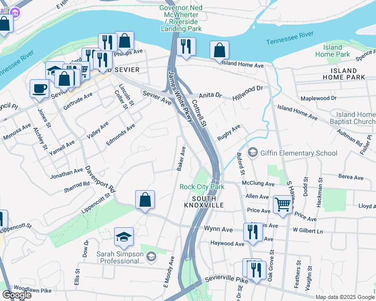 map of restaurants, bars, coffee shops, grocery stores, and more near 2701 Sevier Avenue in Knoxville