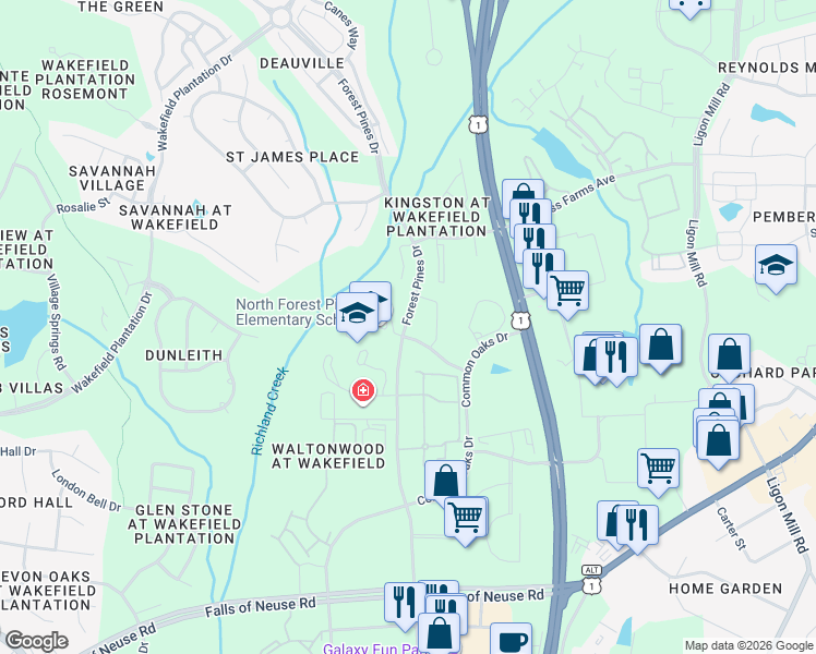 map of restaurants, bars, coffee shops, grocery stores, and more near 11501 Forest Pines Drive in Raleigh