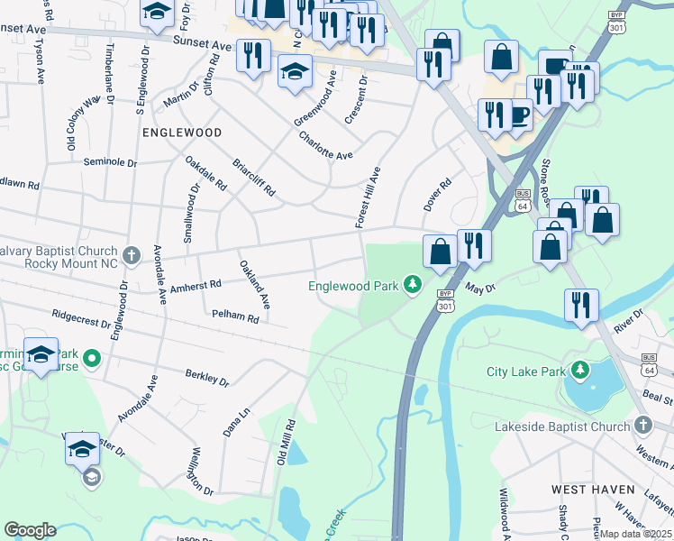 map of restaurants, bars, coffee shops, grocery stores, and more near 109 Collington Court in Rocky Mount