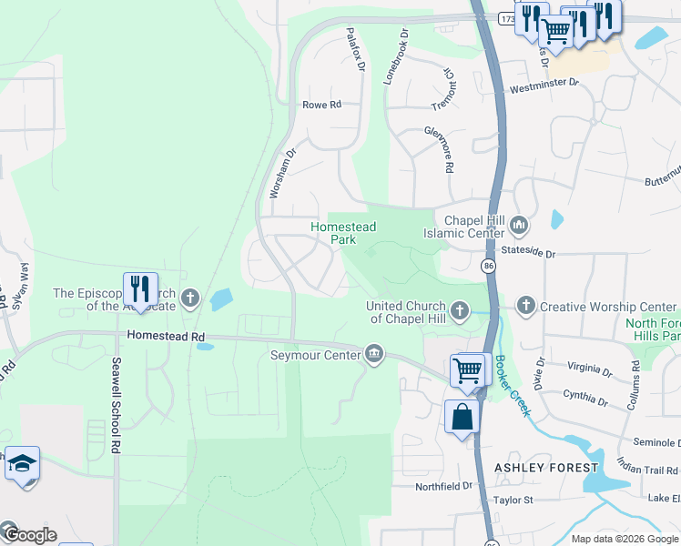 map of restaurants, bars, coffee shops, grocery stores, and more near 2516 Homestead Road in Chapel Hill