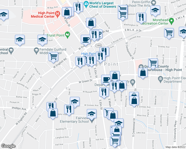 map of restaurants, bars, coffee shops, grocery stores, and more near 220 South Elm Street in High Point