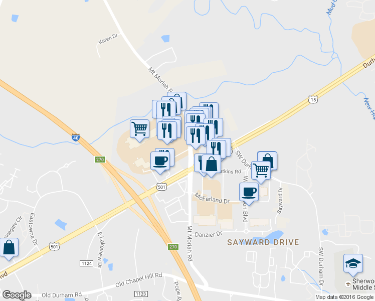 map of restaurants, bars, coffee shops, grocery stores, and more near 3399 Mount Moriah Road in Durham