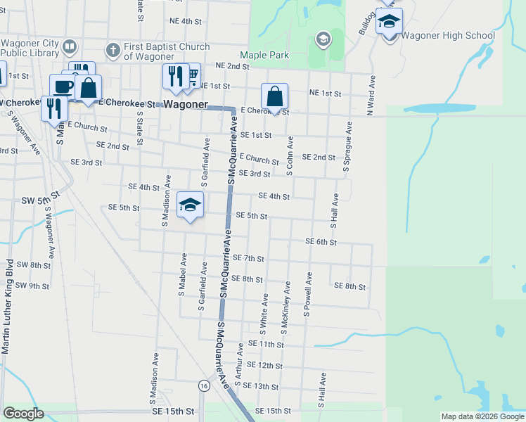 map of restaurants, bars, coffee shops, grocery stores, and more near 1101 Southeast 4th Street in Wagoner