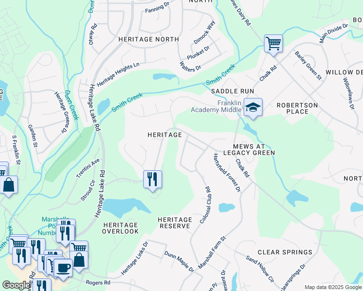 map of restaurants, bars, coffee shops, grocery stores, and more near 1216 FairView Club Drive in Wake Forest