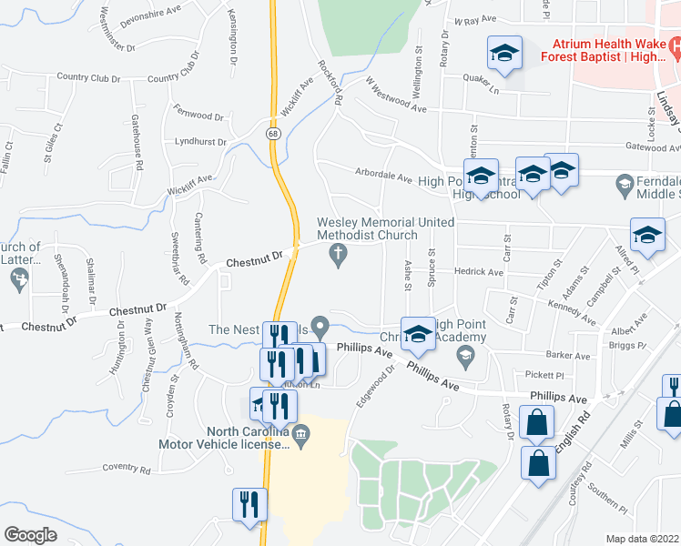 map of restaurants, bars, coffee shops, grocery stores, and more near 1225 Chestnut Drive in High Point