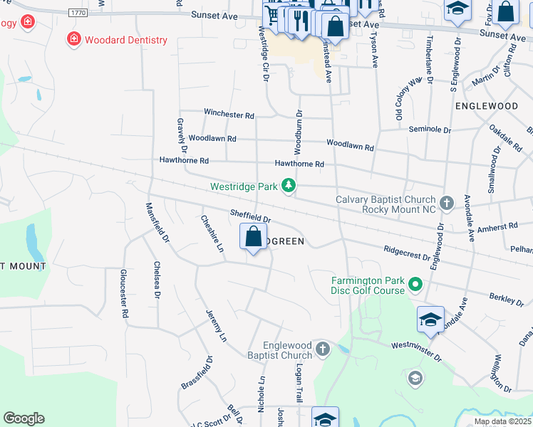 map of restaurants, bars, coffee shops, grocery stores, and more near 3513 Winstead Road in Rocky Mount