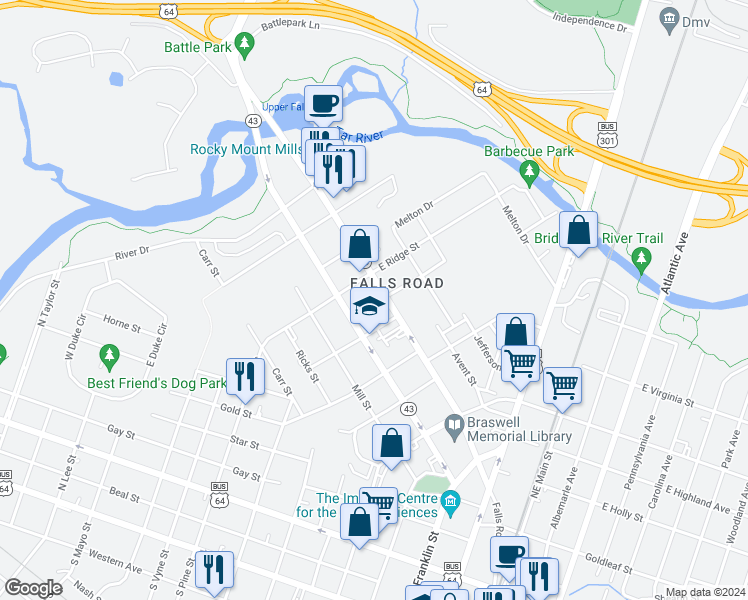 map of restaurants, bars, coffee shops, grocery stores, and more near 822 Falls Road in Rocky Mount