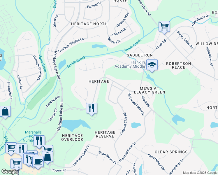 map of restaurants, bars, coffee shops, grocery stores, and more near 1216 FairView Club Drive in Wake Forest