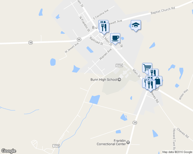 map of restaurants, bars, coffee shops, grocery stores, and more near 150 Bunn Elementary School Road in Bunn