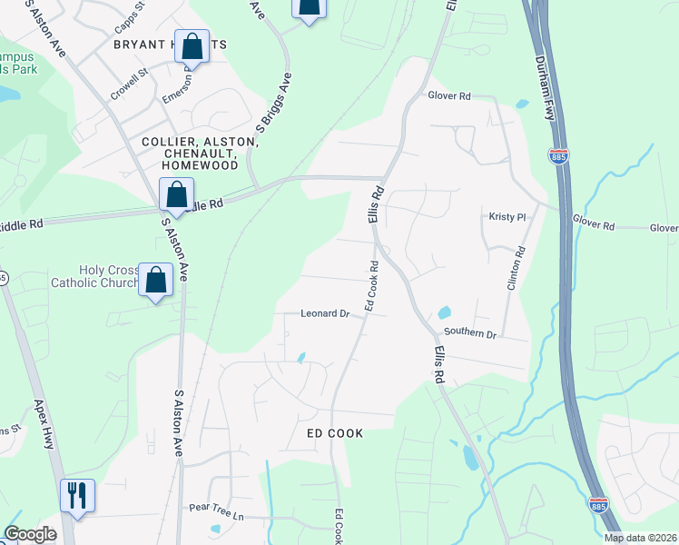 map of restaurants, bars, coffee shops, grocery stores, and more near 1306 Ed Cook Road in Durham