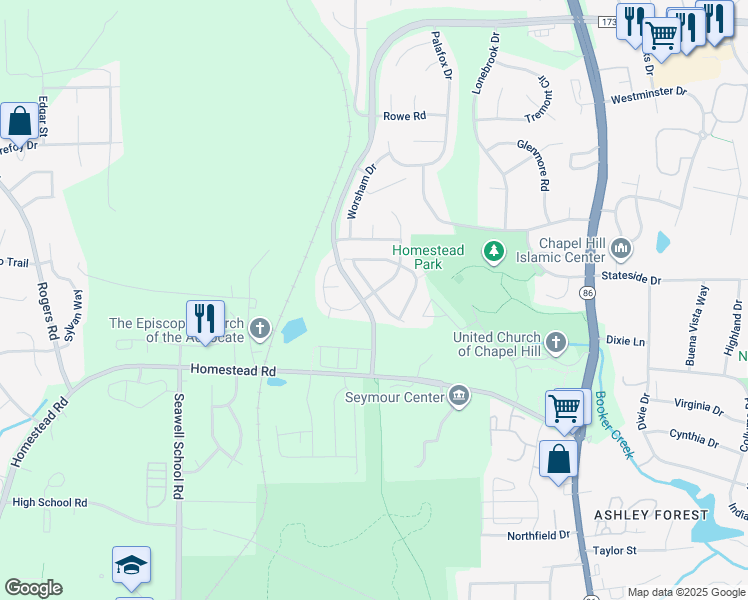 map of restaurants, bars, coffee shops, grocery stores, and more near 102 Cabernet Drive in Chapel Hill