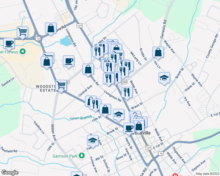 map of restaurants, bars, coffee shops, grocery stores, and more near 75 Genesis Square in Crossville