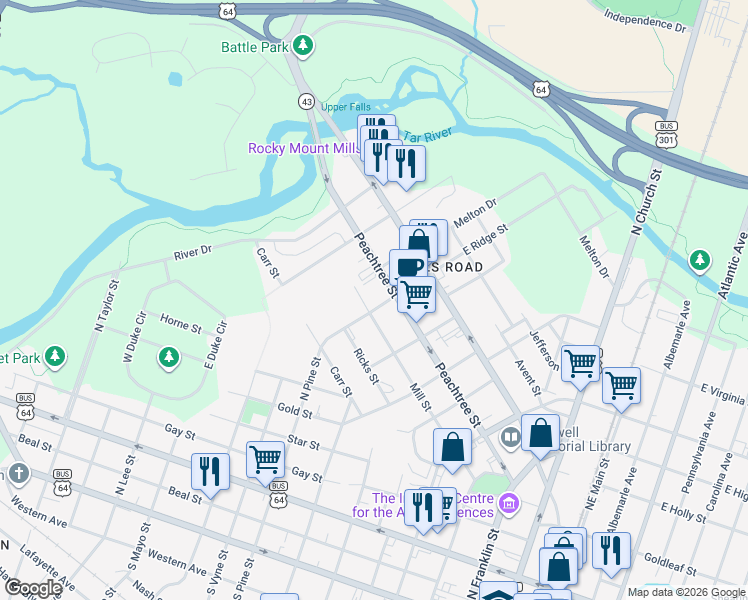 map of restaurants, bars, coffee shops, grocery stores, and more near 907 Peachtree Street in Rocky Mount