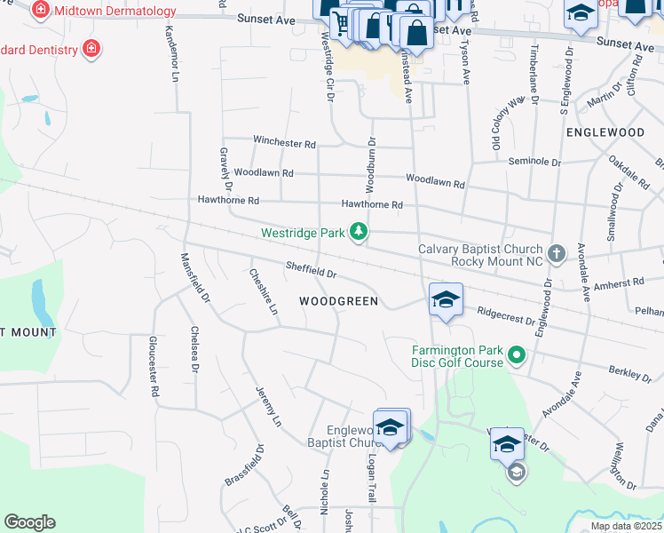 map of restaurants, bars, coffee shops, grocery stores, and more near 3513 Winstead Road in Rocky Mount