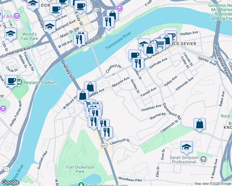 map of restaurants, bars, coffee shops, grocery stores, and more near 416 Mimosa Avenue in Knoxville