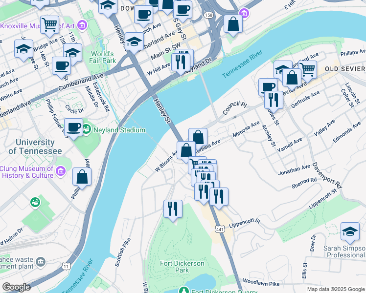 map of restaurants, bars, coffee shops, grocery stores, and more near 211 East Blount Avenue in Knoxville