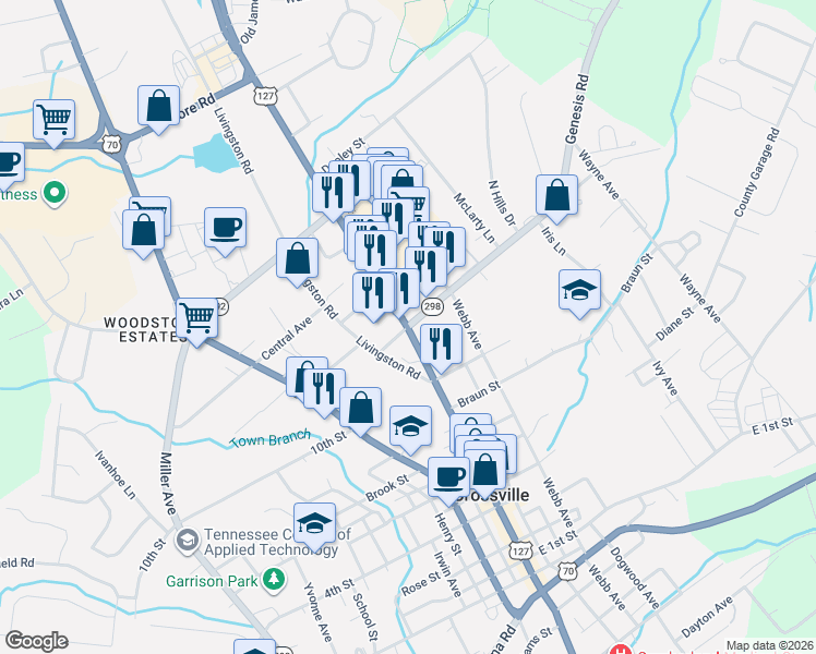 map of restaurants, bars, coffee shops, grocery stores, and more near 49 Cumberland Plaza in Crossville