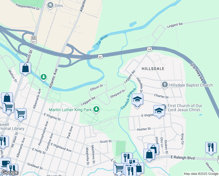 map of restaurants, bars, coffee shops, grocery stores, and more near 904 Leggett Road in Rocky Mount