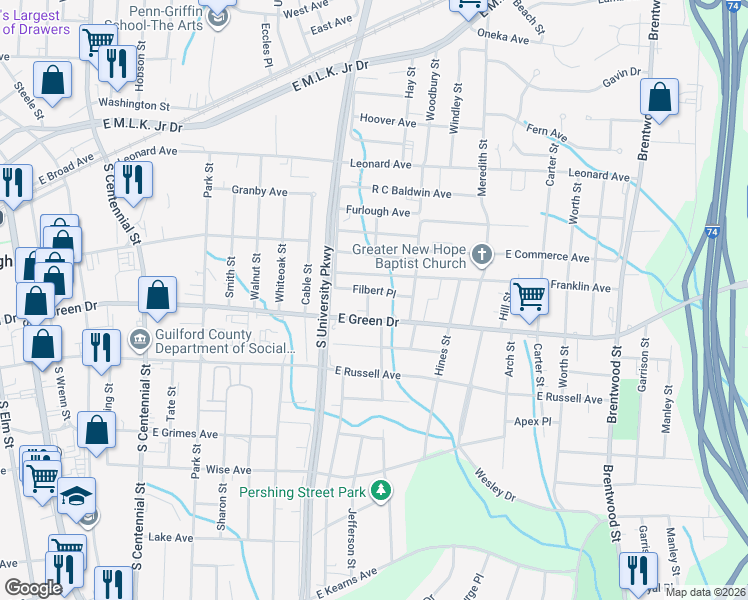 map of restaurants, bars, coffee shops, grocery stores, and more near 1211 Filbert Place in High Point
