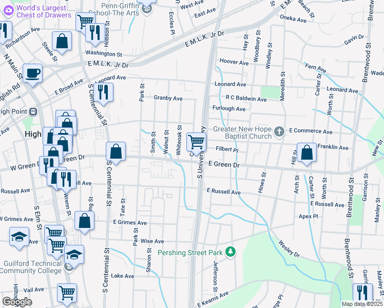 map of restaurants, bars, coffee shops, grocery stores, and more near 524 Cable Street in High Point