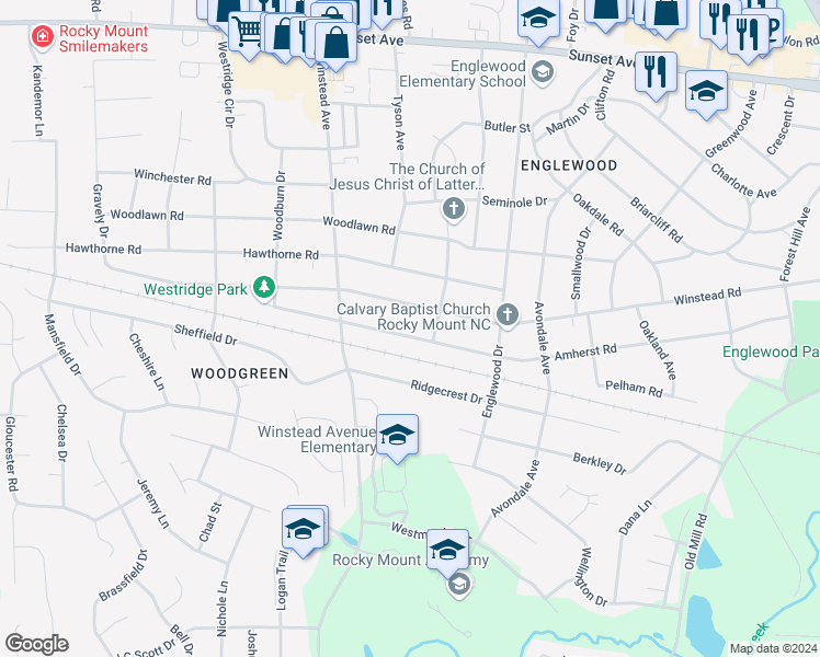 map of restaurants, bars, coffee shops, grocery stores, and more near 3208 Amherst Road in Rocky Mount