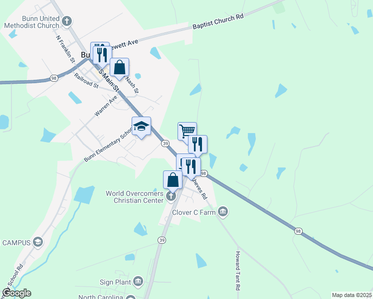 map of restaurants, bars, coffee shops, grocery stores, and more near 649 Main Street in Bunn
