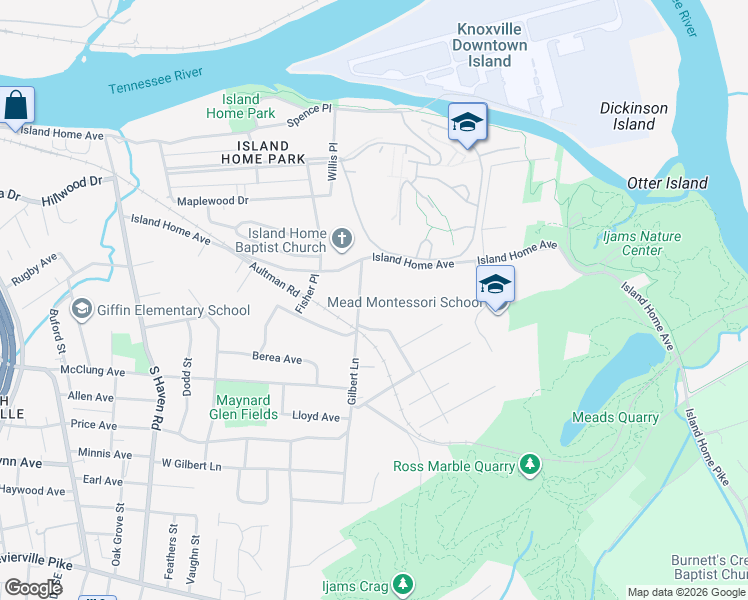 map of restaurants, bars, coffee shops, grocery stores, and more near 118 Gilbert Lane in Knoxville