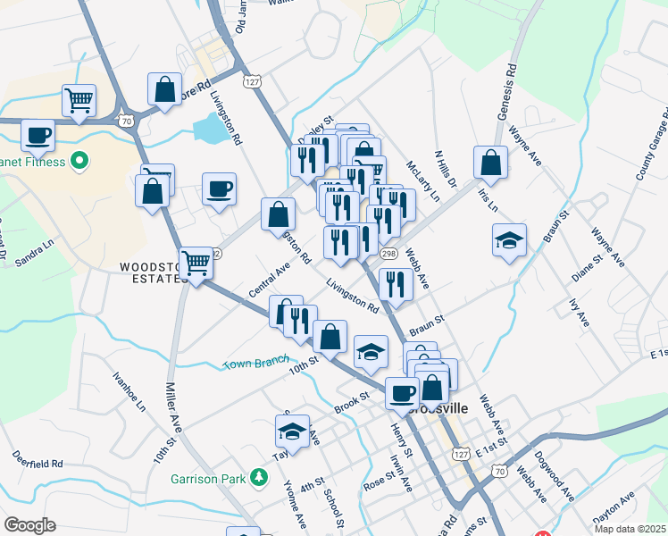 map of restaurants, bars, coffee shops, grocery stores, and more near 75 Genesis Square in Crossville