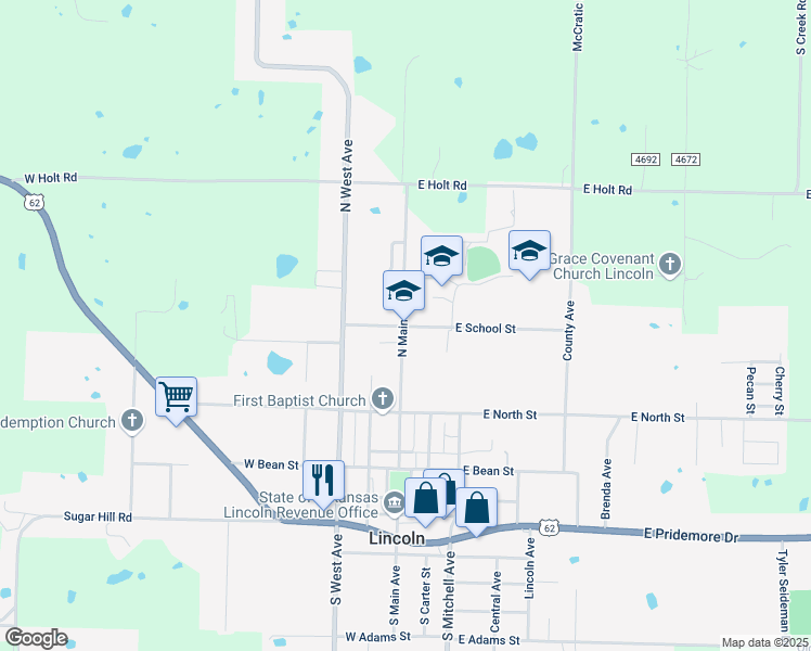 map of restaurants, bars, coffee shops, grocery stores, and more near 107 East School Street in Lincoln