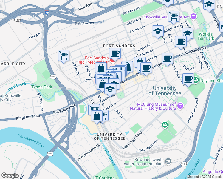 map of restaurants, bars, coffee shops, grocery stores, and more near 2001 Cumberland Avenue in Knoxville
