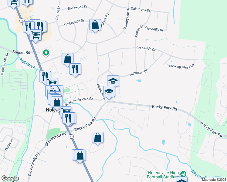 map of restaurants, bars, coffee shops, grocery stores, and more near 2338 Rocky Fork Road in Nolensville