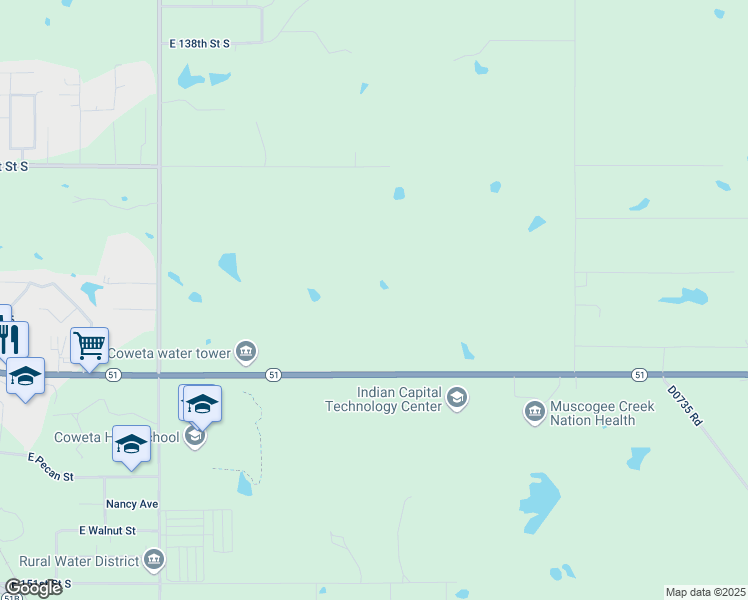 map of restaurants, bars, coffee shops, grocery stores, and more near 30992 Oklahoma 51 in Coweta