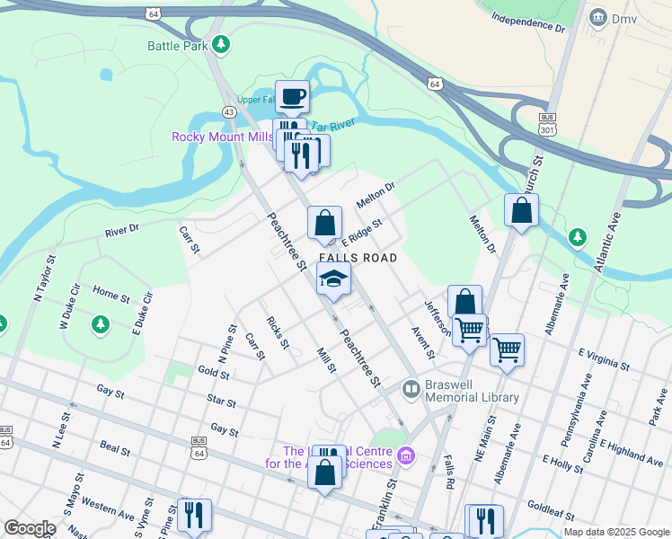 map of restaurants, bars, coffee shops, grocery stores, and more near 828 Falls Road in Rocky Mount