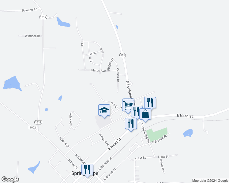 map of restaurants, bars, coffee shops, grocery stores, and more near 325 North Louisburg Road in Spring Hope