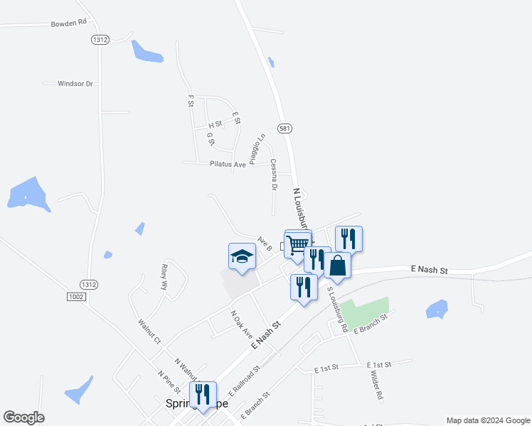 map of restaurants, bars, coffee shops, grocery stores, and more near 514 Cessna Drive in Spring Hope