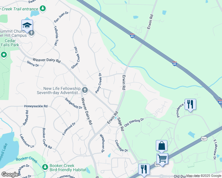 map of restaurants, bars, coffee shops, grocery stores, and more near 104 Orchard Lane in Chapel Hill